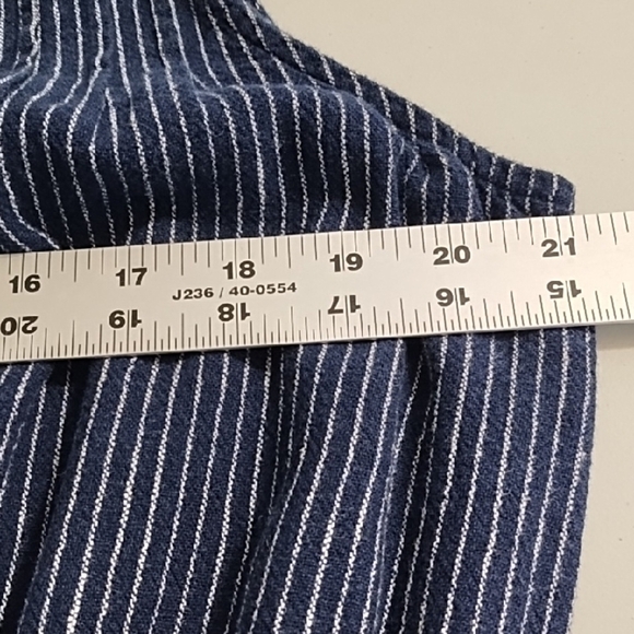 Navy & White Stripe Linen Blend Button Down Shirt Dress Ruffle Hem Knee Length - Picture 4 of 14